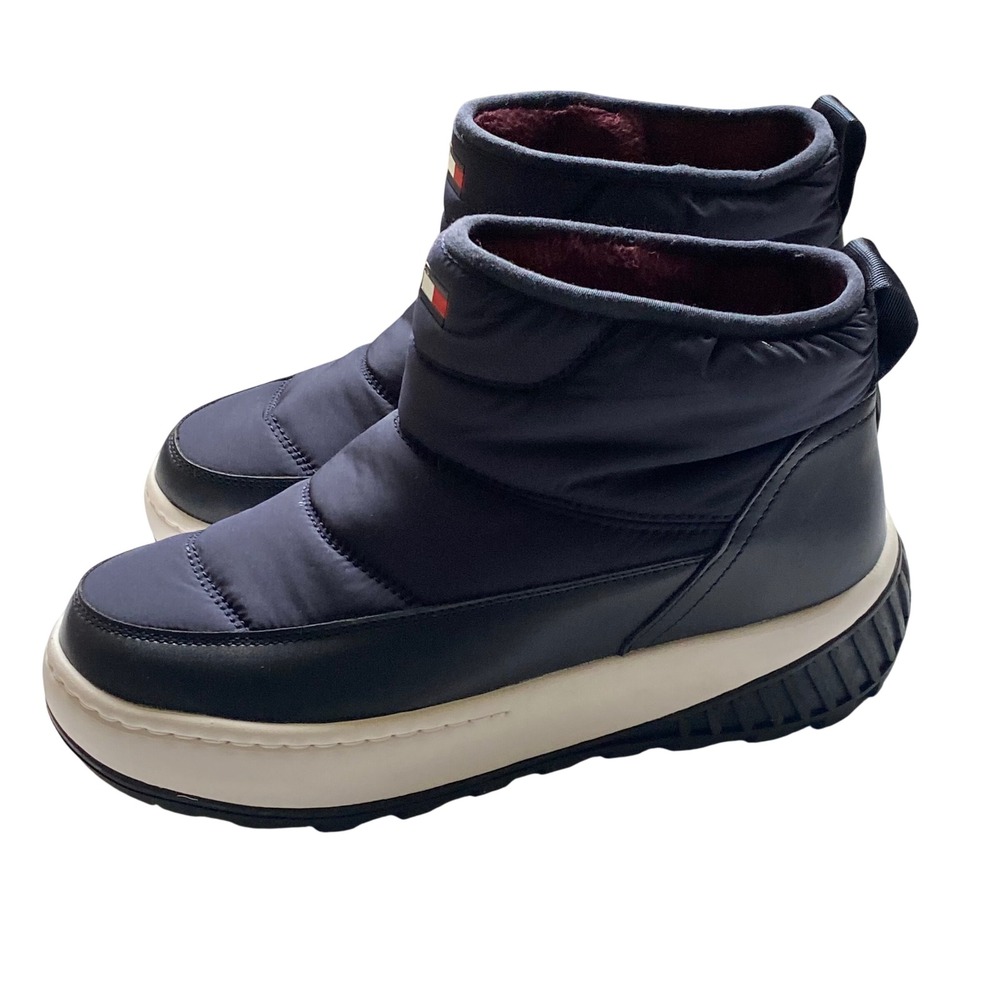 Tommy Hilfiger Womens Navy Puffer Ankle Boots Faux Fur Lined Platform 7 NWOB